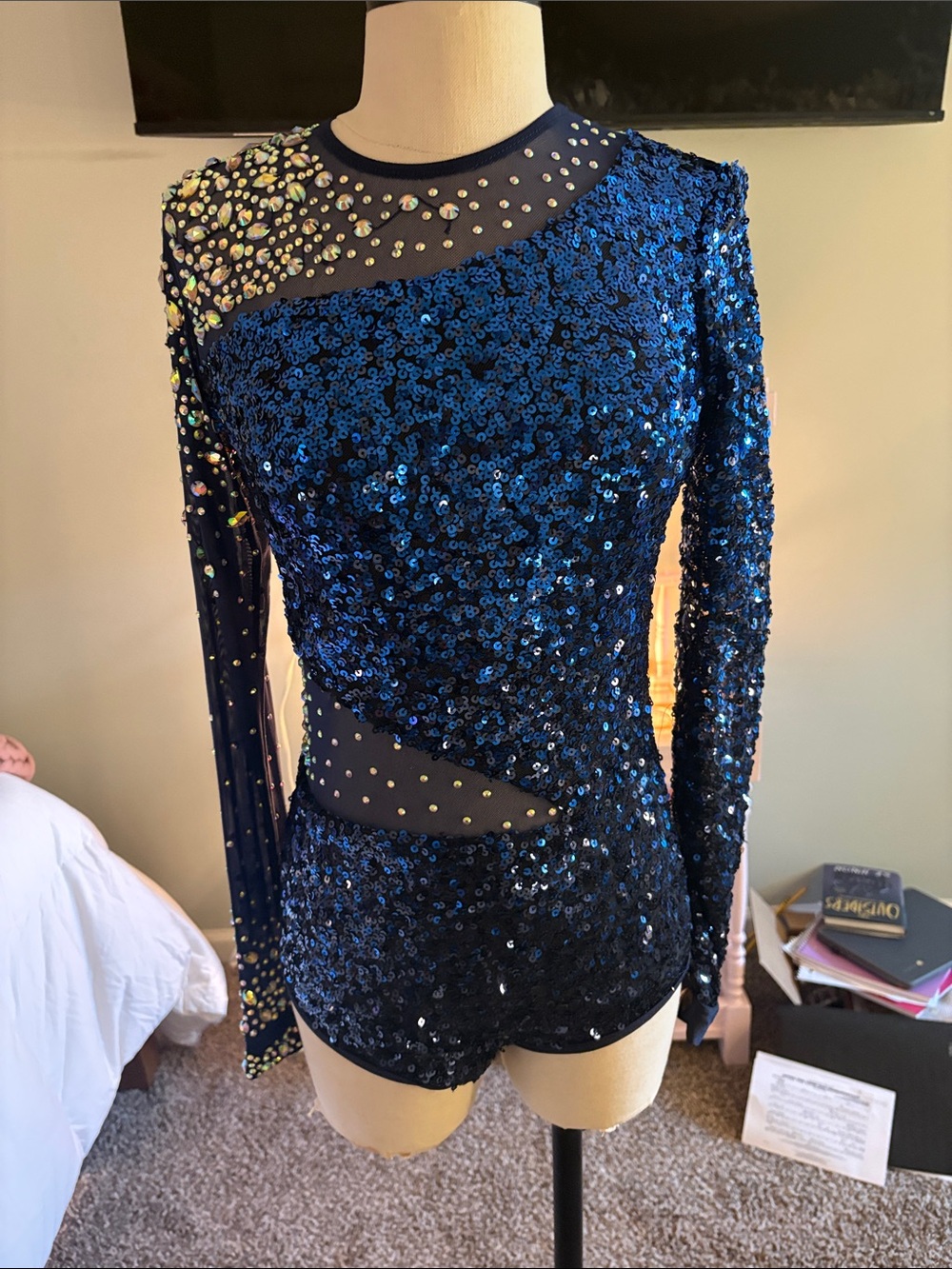 Blue Sequin Long-Sleeve Dance Costume with Rhinestone Accents